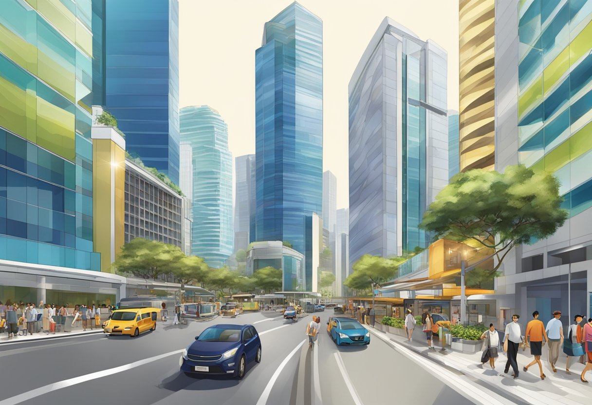 The bustling streets of Citadines Singapore, with towering skyscrapers and vibrant city life, create a dynamic and energetic urban scene