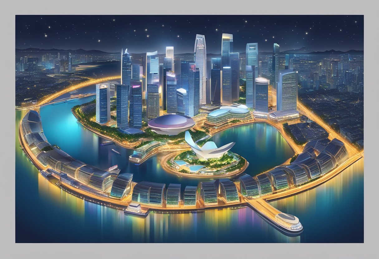 Aerial view of Singapore at night with iconic landmarks and city lights shining brightly