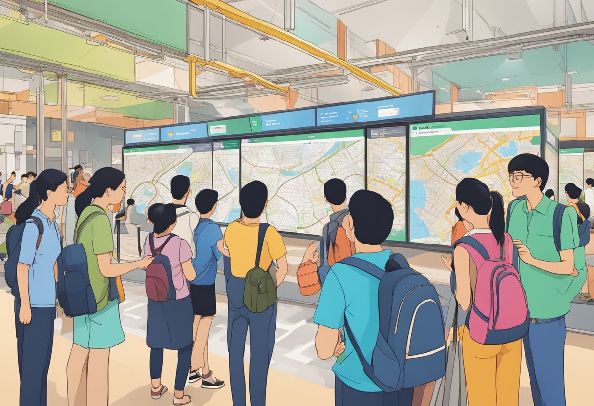 Visitors gather around a colorful map, pointing and discussing their route at Tayo Station Singapore