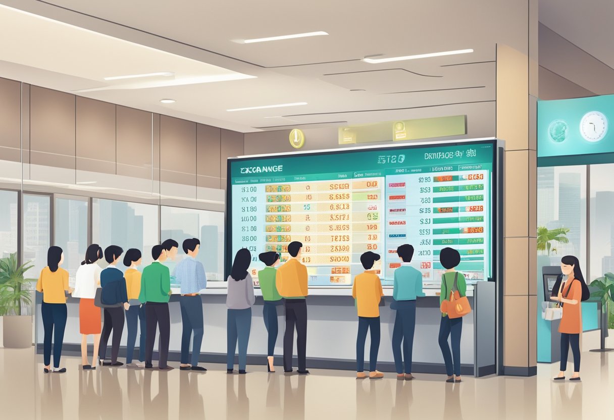 A currency exchange office with a large display board showing the exchange rates between Singapore dollars and Vietnamese dong. Customers are lined up at the counter