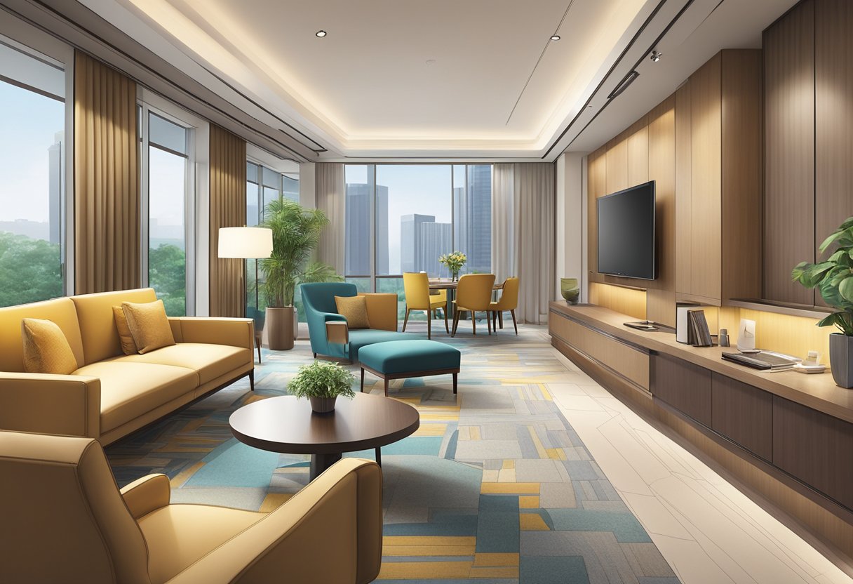 Guests gather at the parkroyal serviced suites singapore, seeking information. The vibrant atmosphere and modern decor create a welcoming environment
