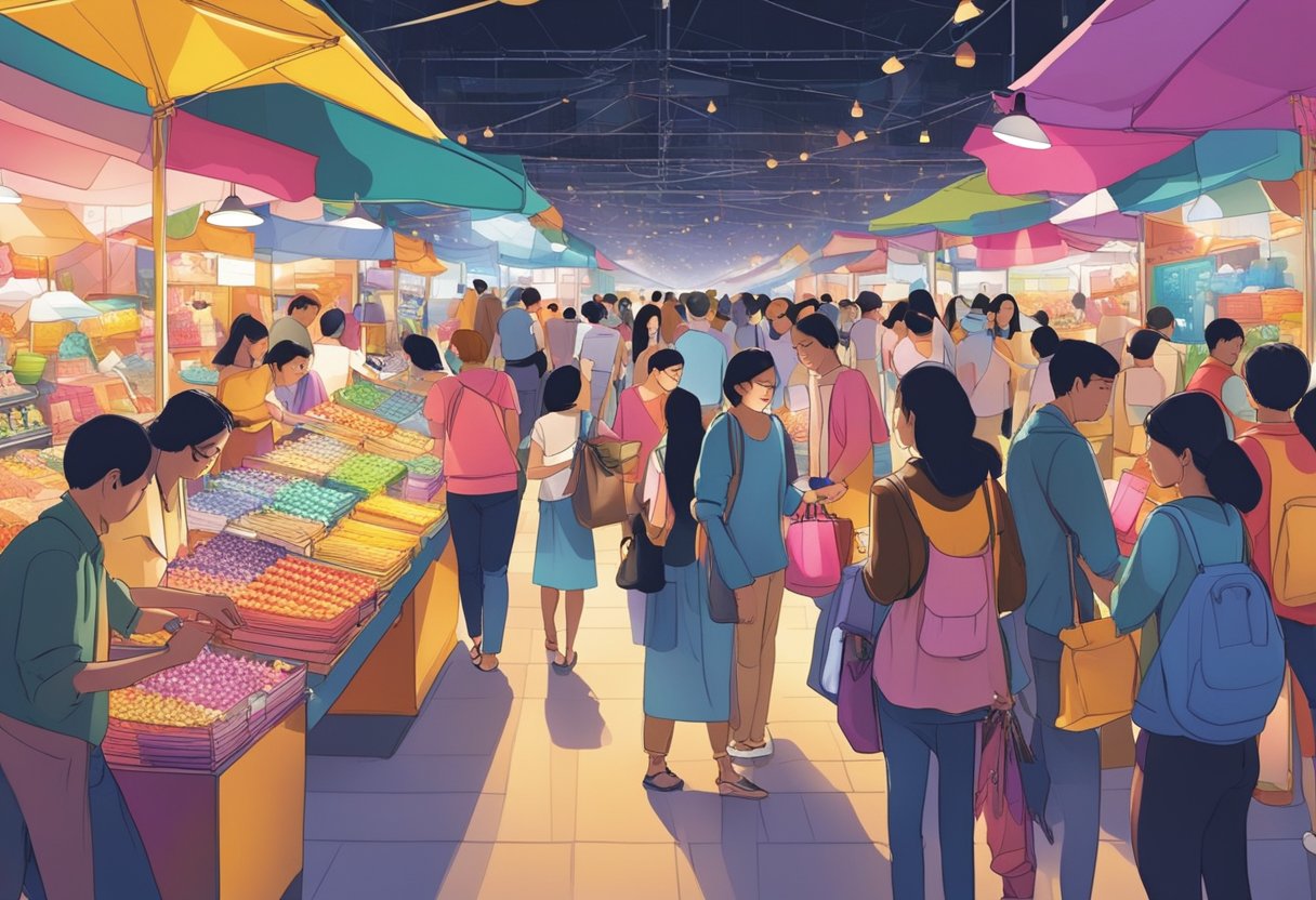 Busy shoppers browse through colorful stalls at the vibrant Shopping Experience spotlight in Singapore. Bright lights illuminate the bustling market, with a mix of traditional and modern products on display