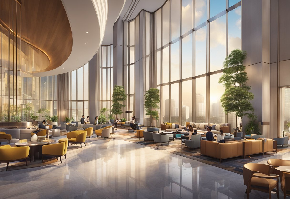 The Andaz Singapore hotel lobby bustles with modern decor, plush seating, and natural light streaming in from floor-to-ceiling windows