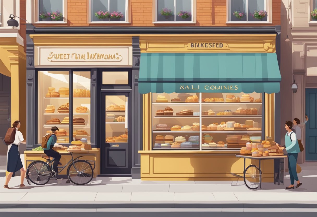 A bustling storefront with a bold sign, surrounded by eager customers and the sweet aroma of freshly baked goods