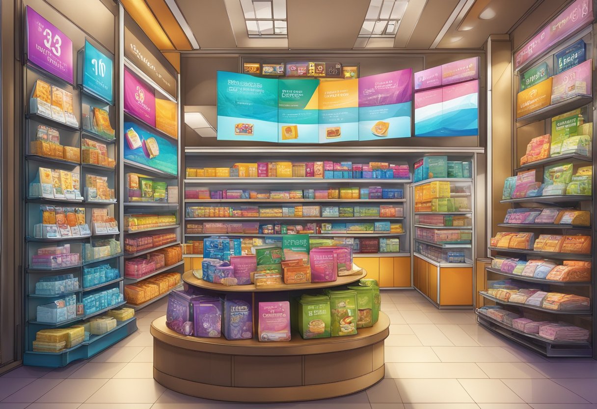 A vibrant display of promotional signs and new product updates at The Wallet Shop in Singapore
