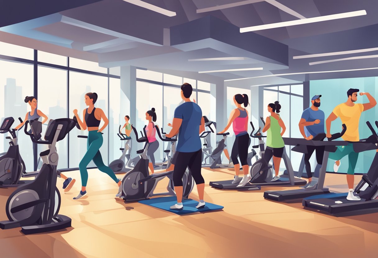 A fitness studio filled with energetic individuals, engaged in various workouts, with vibrant activewear and a lively atmosphere