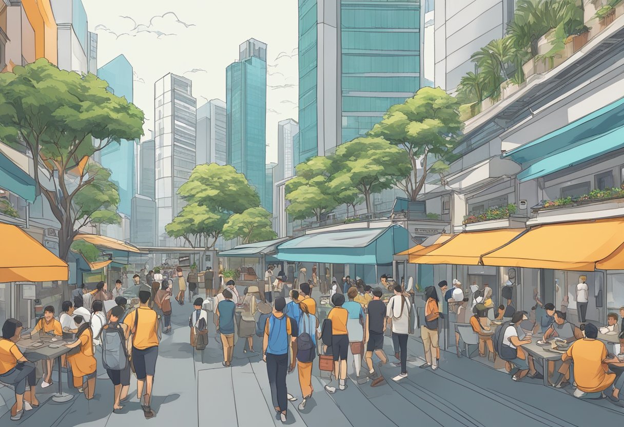 A bustling Singapore street with iconic architecture and diverse people, engaged in lively discussions and sharing ideas on Reddit