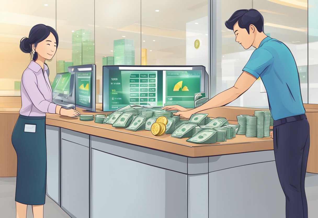 A currency exchange desk with a digital display showing exchange rates for Singapore dollars and Vietnamese dong. A customer is handing over cash to the teller