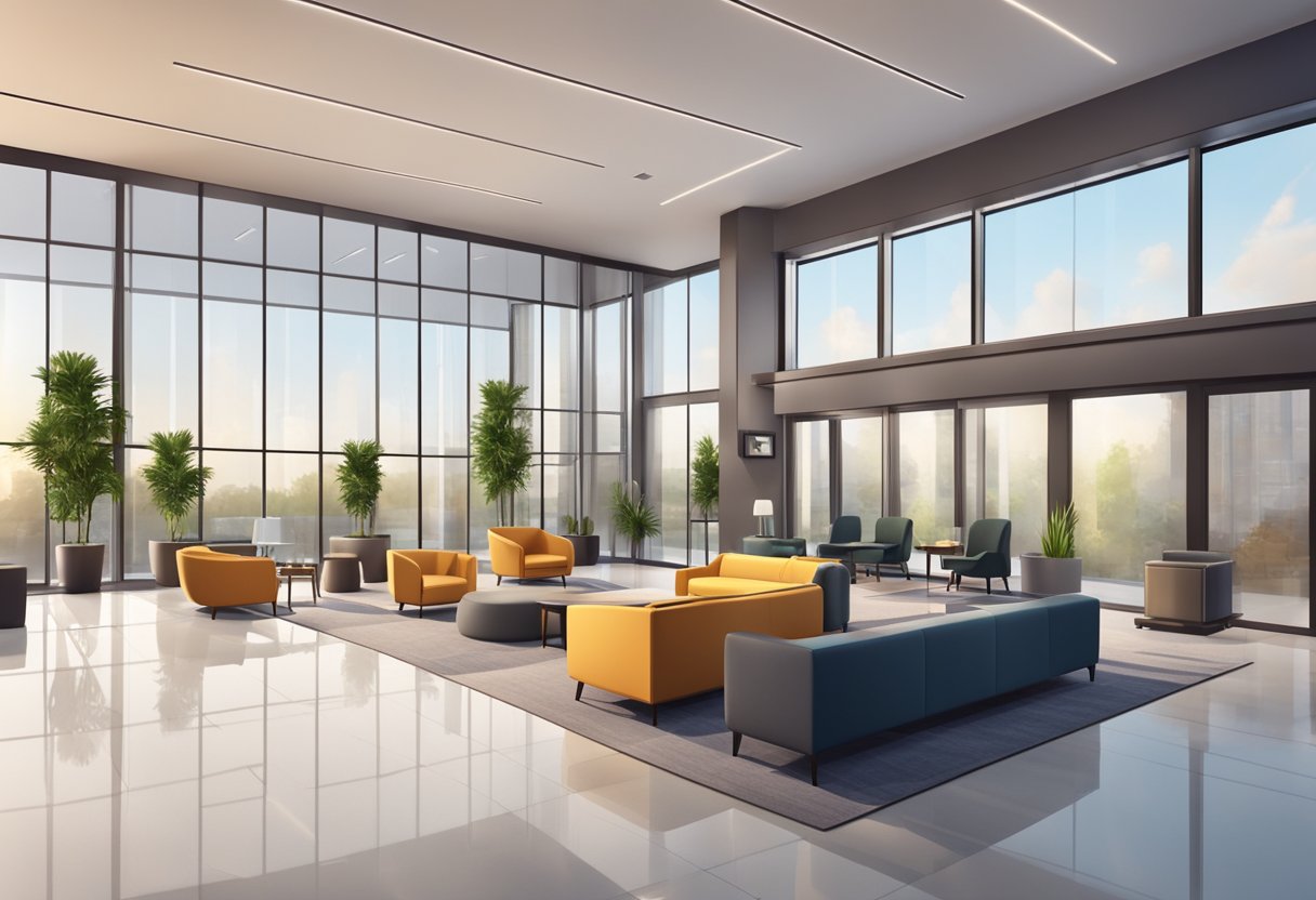 A modern lobby with sleek furniture and a reception desk. A cozy lounge area with a fireplace and large windows. A gym with state-of-the-art equipment