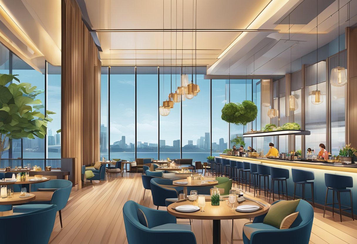 A vibrant dining and leisure scene at Andaz Singapore, with bustling restaurants, stylish lounges, and a lively atmosphere