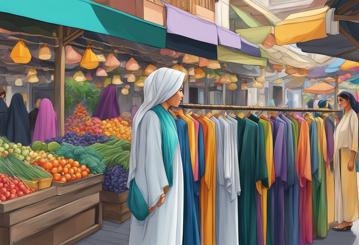 A colorful abaya hangs gracefully in a bustling Singapore market