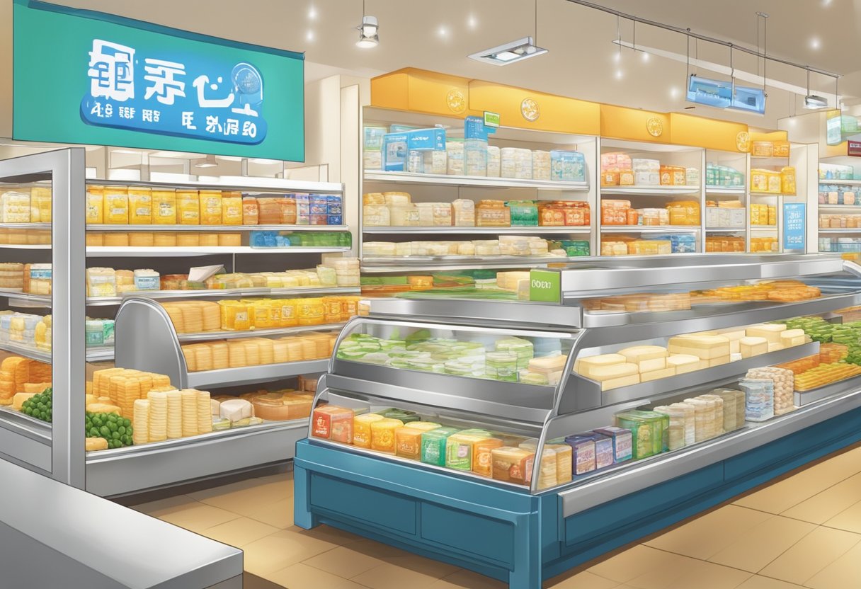 A colorful display of Tokyo Milk Cheese Factory products with a prominent "Frequently Asked Questions" sign in a bustling Singapore store