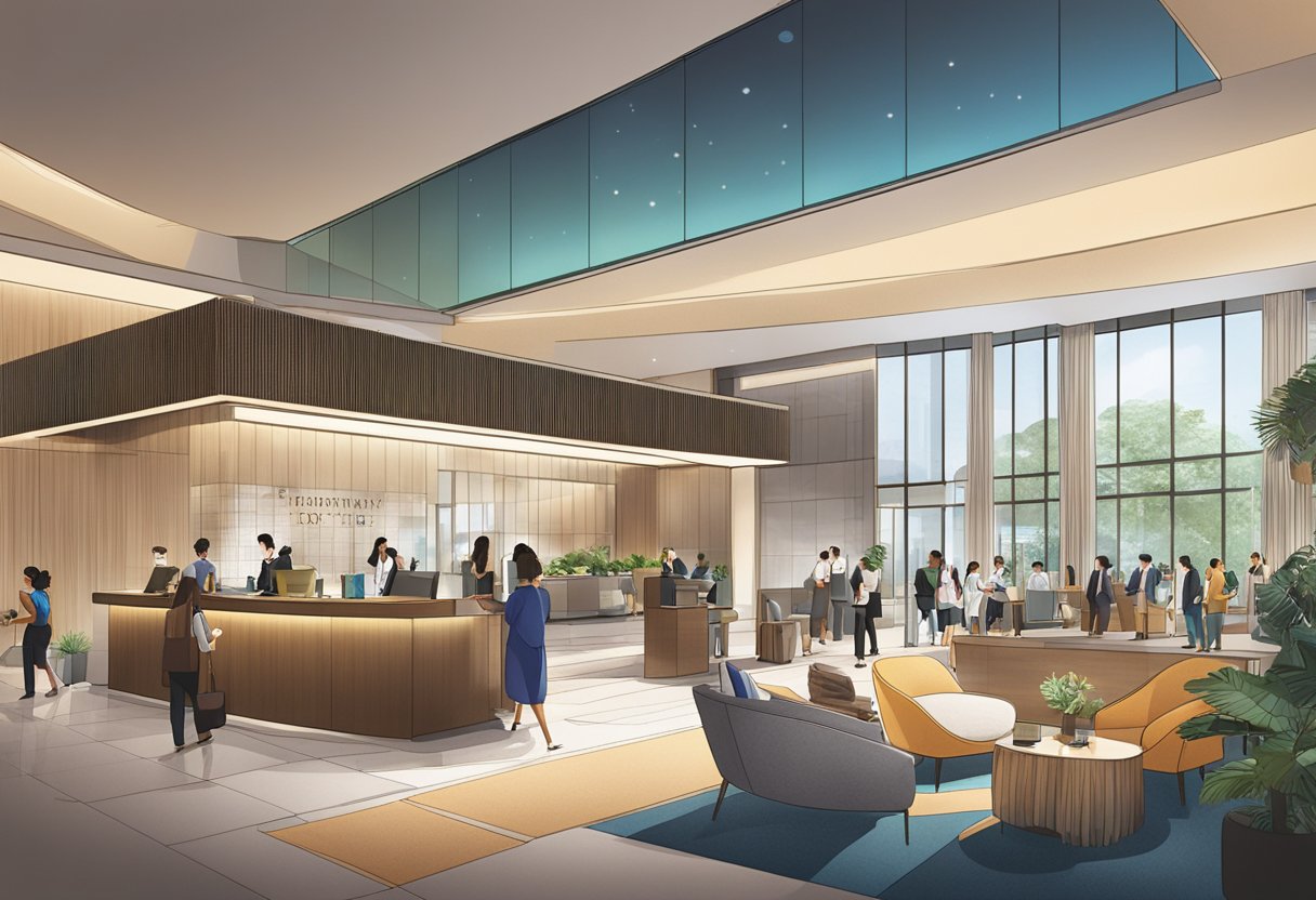 The lobby of Andaz Singapore bustling with guests, a concierge desk, and a prominent "Frequently Asked Questions" sign