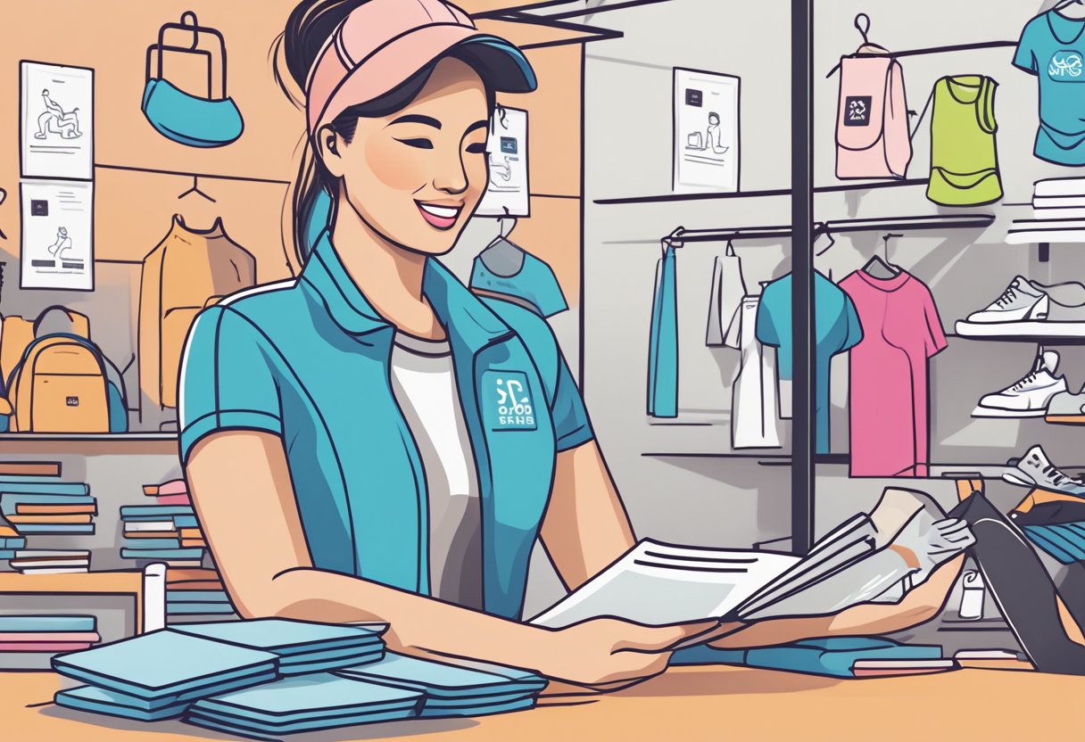 A stack of FAQ cards with "Sweaty Betty Singapore" logo, surrounded by workout gear and a customer service representative