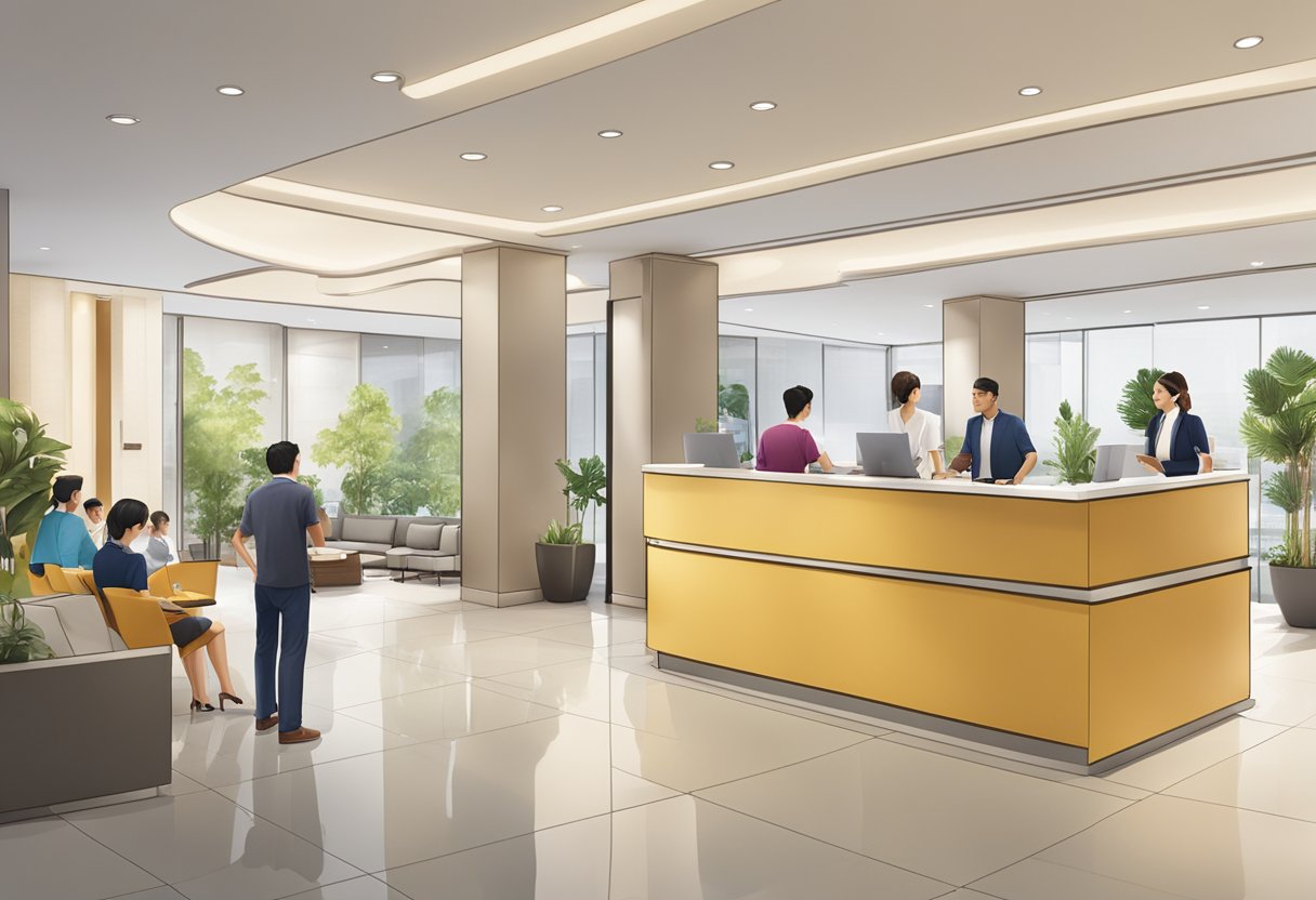 The bustling lobby of Citadines Singapore, with guests chatting at the front desk and staff assisting with inquiries