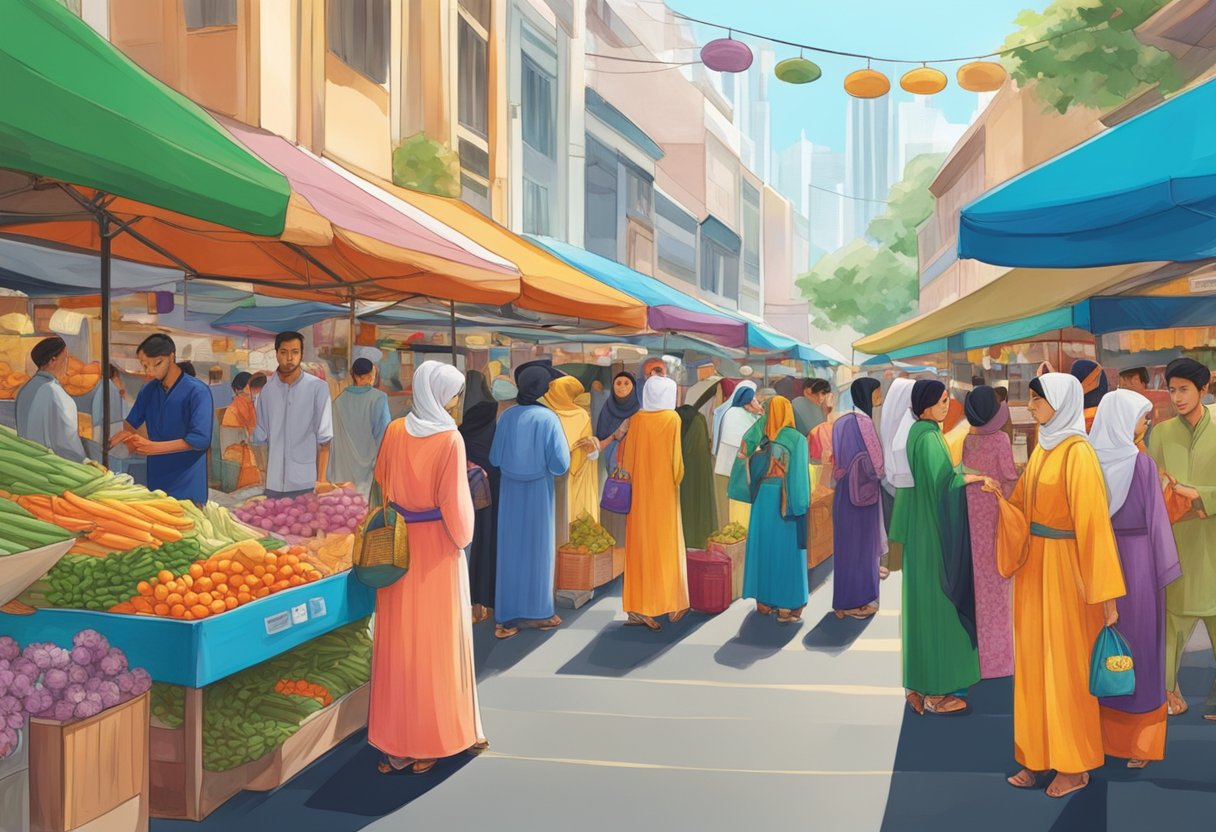 A bustling Singapore street market showcases a vibrant array of colorful and intricately designed abayas, drawing in curious onlookers