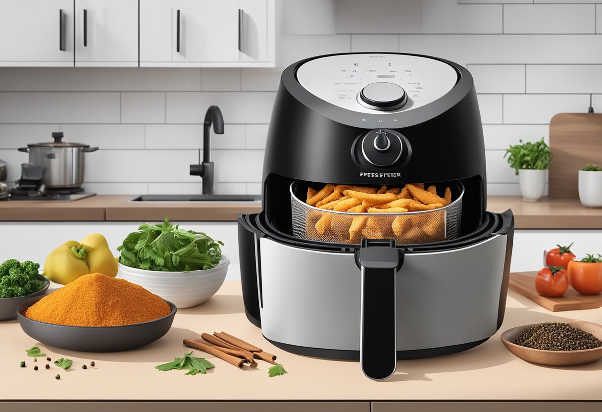 An air fryer sits on a sleek kitchen countertop in a modern Singaporean home, surrounded by vibrant spices and fresh ingredients ready to be cooked