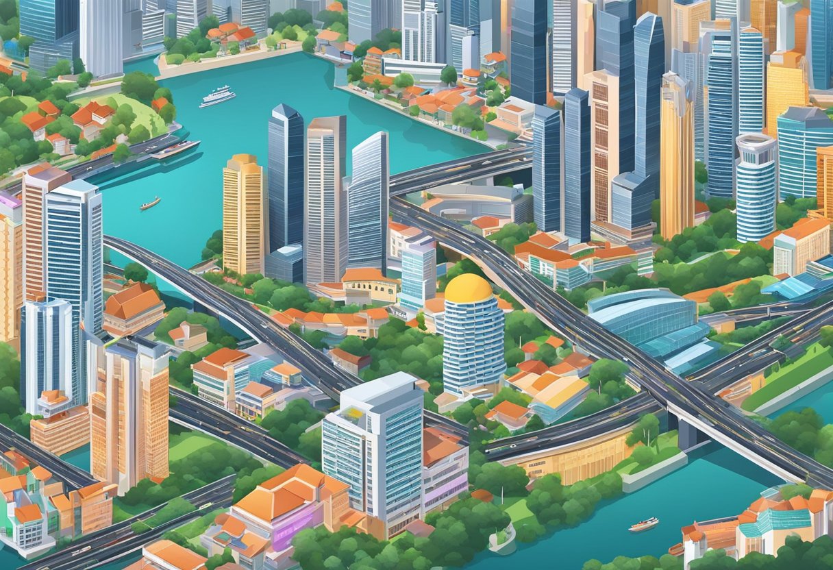 Vibrant cityscape of Singapore with iconic landmarks and bustling streets