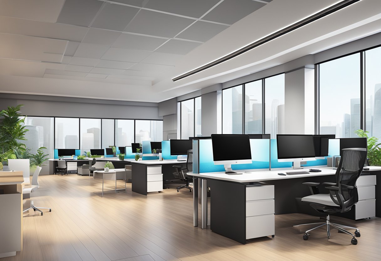 A modern office space with sleek furniture and high-tech equipment, showcasing the professional and innovative environment of iFast Corporation in Singapore