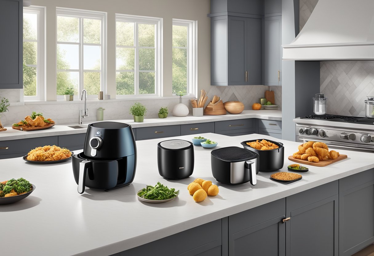A kitchen countertop with a variety of air fryer models displayed, showcasing their different sizes, shapes, and features