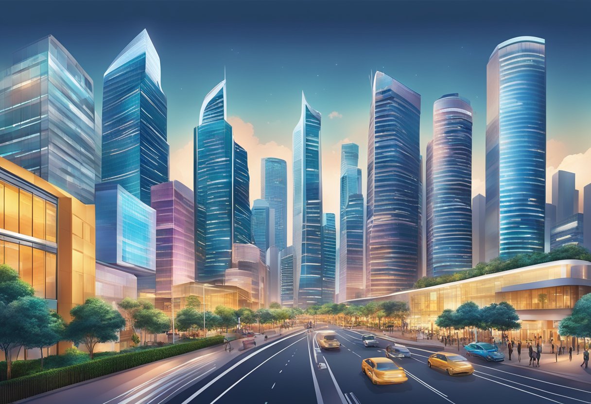A bustling cityscape with modern skyscrapers and bustling streets, showcasing the vibrant and dynamic atmosphere of iFAST Singapore's financial products and services