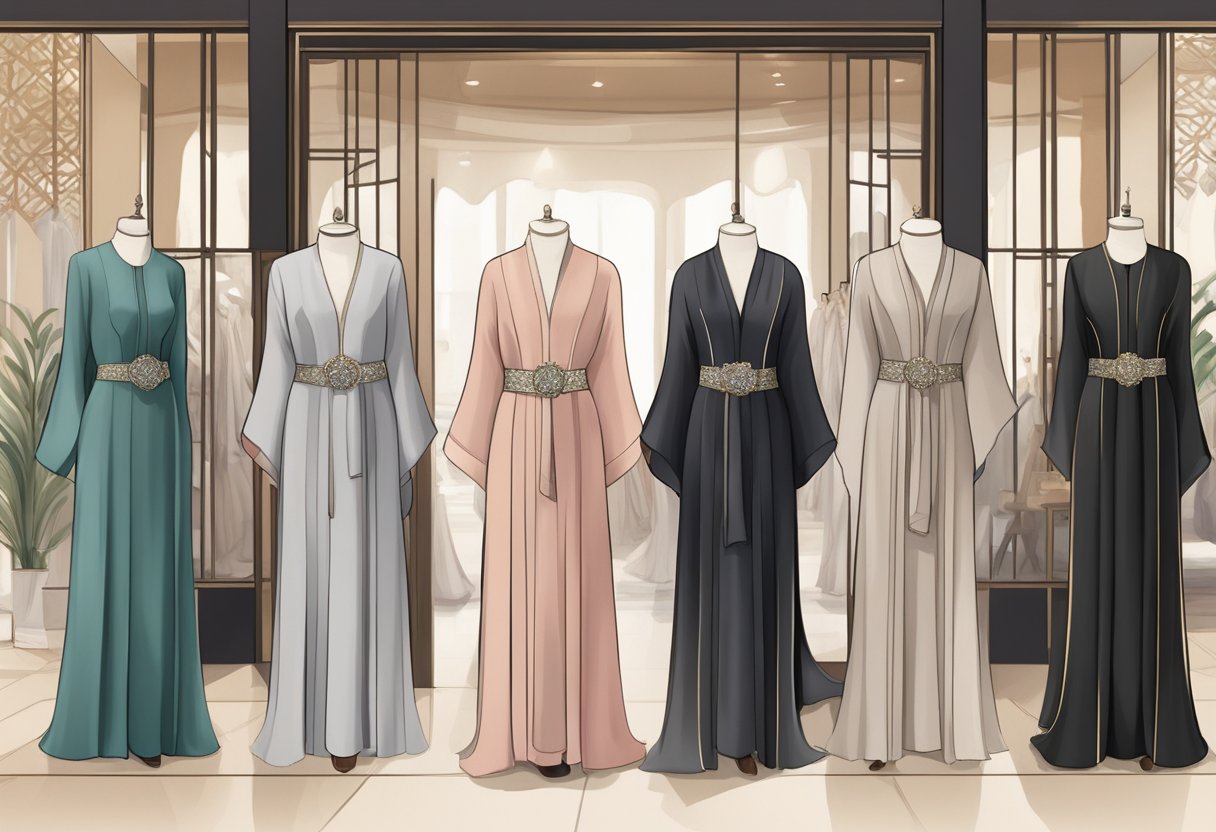 An elegant abaya display with various styles and discounted prices at a boutique in Singapore
