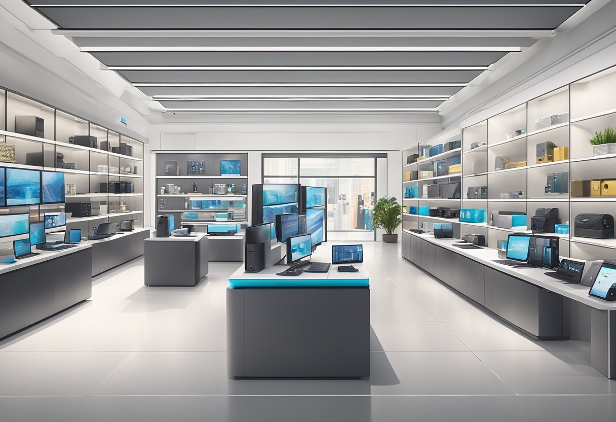 The HP product range is displayed in a well-lit HP store in Singapore, with laptops, printers, and accessories arranged neatly on shelves and tables