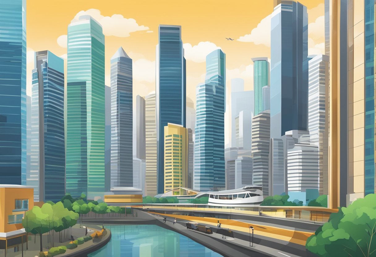A bustling cityscape with skyscrapers and office buildings, reflecting the prosperity and economic activity of Singapore's average income