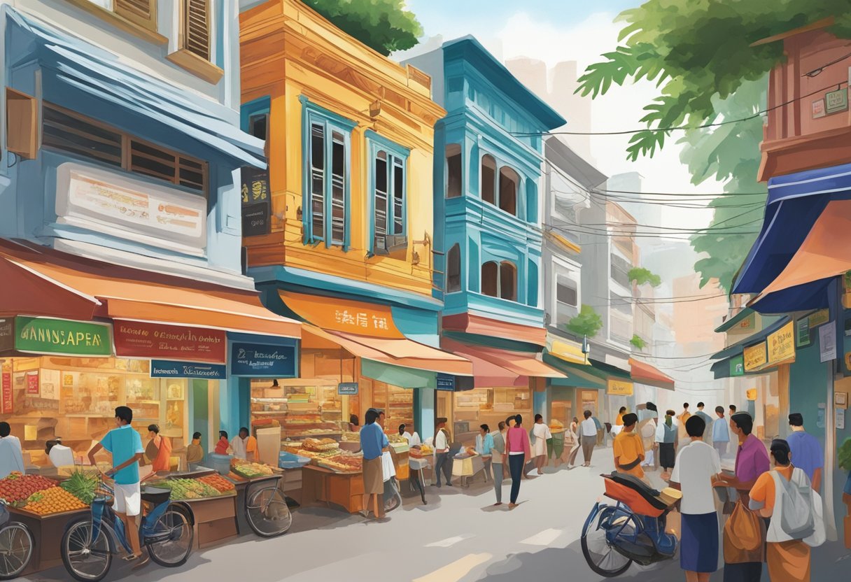 The bustling streets of Anjappar Singapore, filled with colorful storefronts and aromatic spices, as locals and tourists alike savor the tantalizing aroma of South Indian cuisine