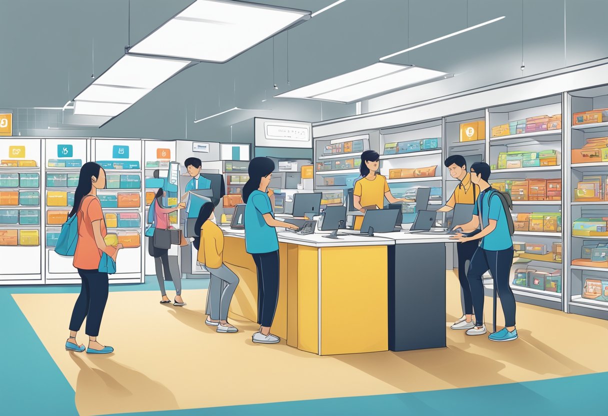 An HP store in Singapore, with customers browsing products and interacting with customer support staff
