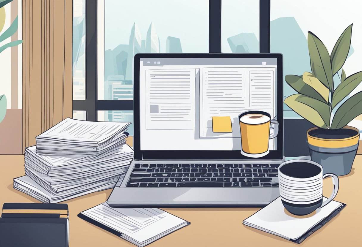 A stack of FAQ papers with "Abaya Singapore" on top, surrounded by a laptop, pen, and a cup of coffee