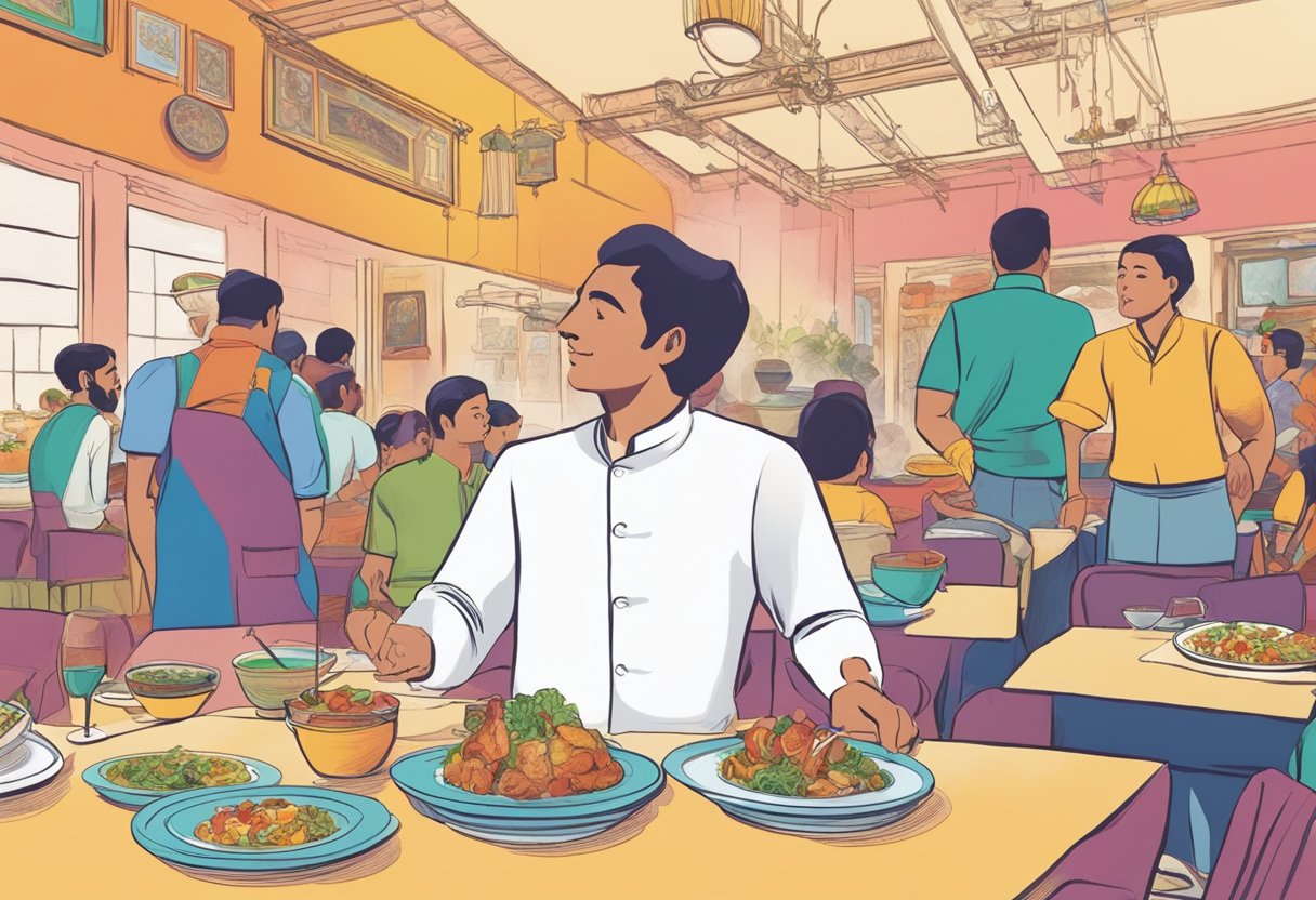 Customers peruse Anjappar's menu, pointing and discussing dishes. Tables are filled with colorful plates of food. A waiter serves a steaming dish to a table