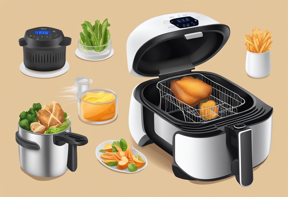 Ingredients placed in air fryer basket. Timer set. Air fryer turned on. Food cooking inside. Smokeless and odorless