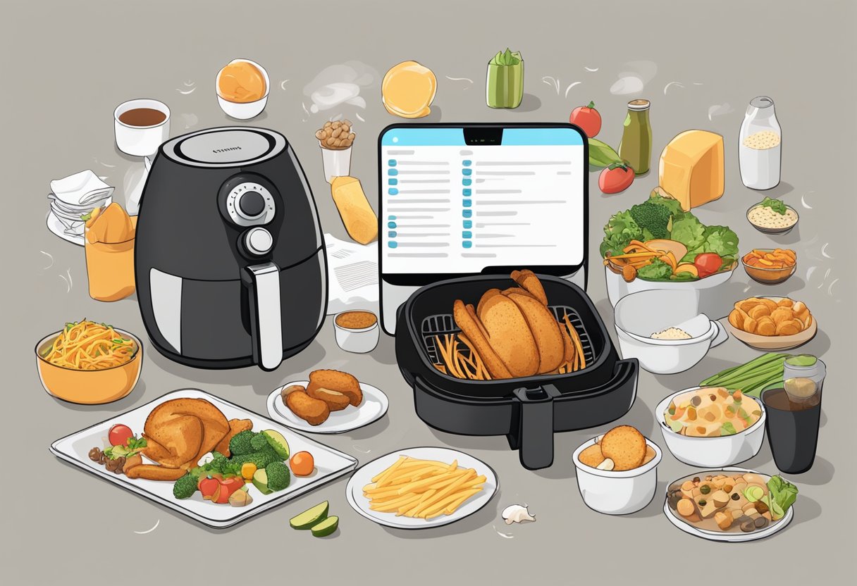 An air fryer surrounded by a variety of food items, with a person reading a list of frequently asked questions on a digital device