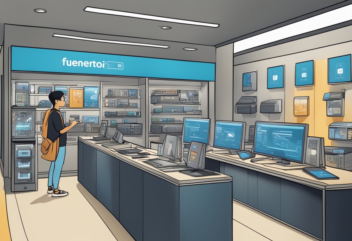 A customer browsing through a variety of electronic products at the HP store in Singapore, with a prominent "Frequently Asked Questions" sign displayed