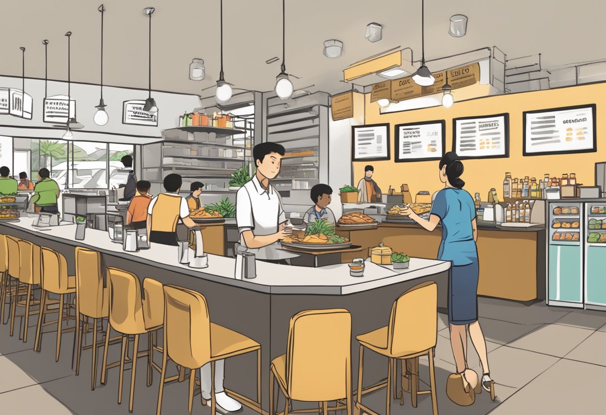 A busy restaurant with tables and chairs, a counter with a cashier, and a sign that reads "Frequently Asked Questions - Anjappar Singapore" prominently displayed