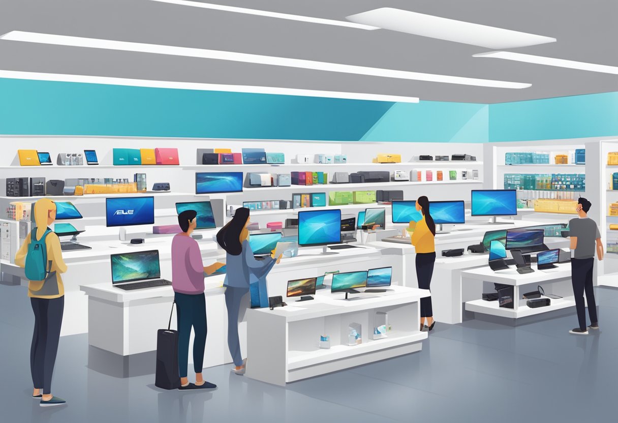 Customers browsing ASUS products in a well-lit, spacious store with sleek, modern displays and a wide range of electronic devices and accessories