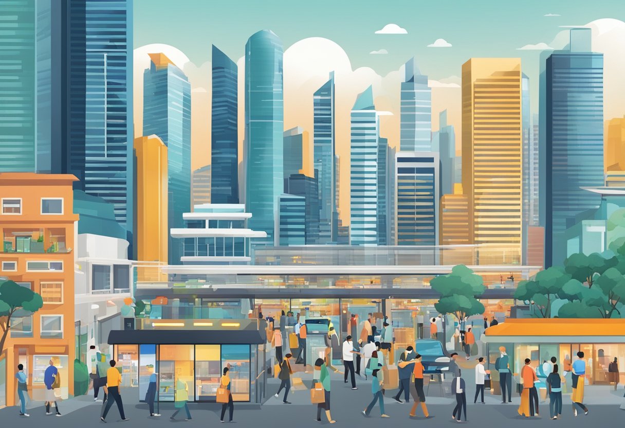 A bustling cityscape with skyscrapers, bustling streets, and people working in various industries, representing the factors influencing income in Singapore