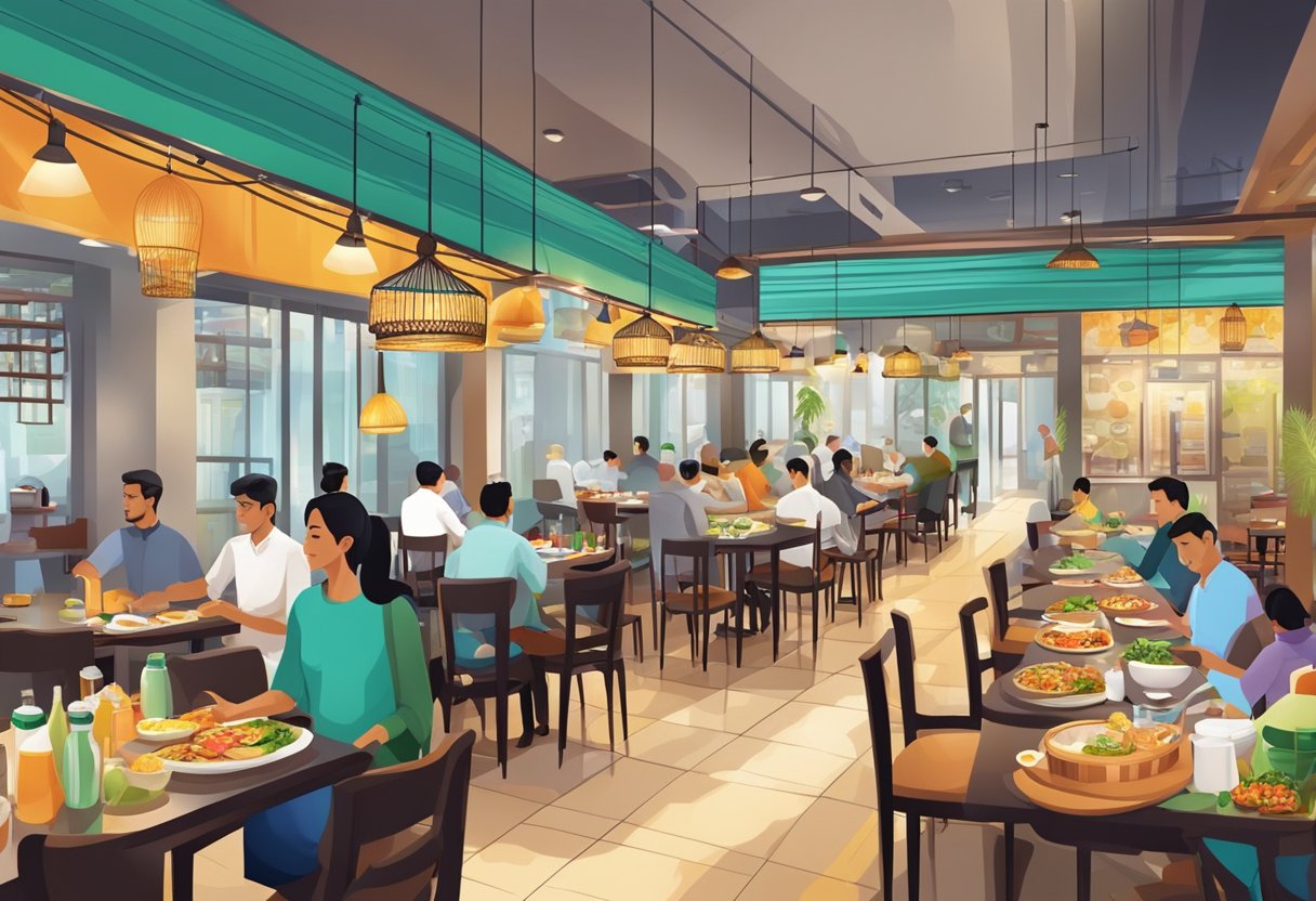 A bustling halal restaurant in Singapore, with colorful decor and tables filled with delicious dishes from various cuisines
