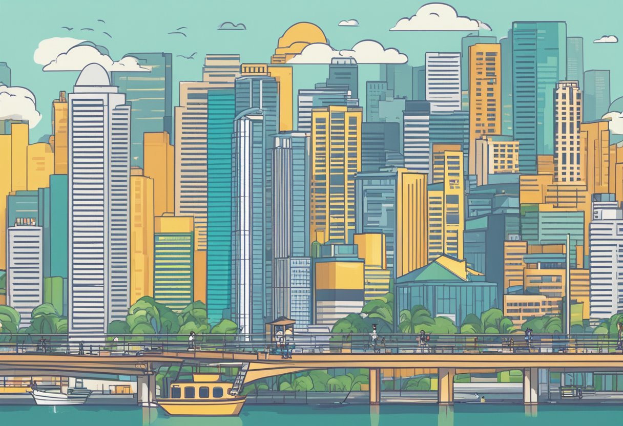 A bustling cityscape with a prominent "Frequently Asked Questions" sign and a graph showing the average income in Singapore