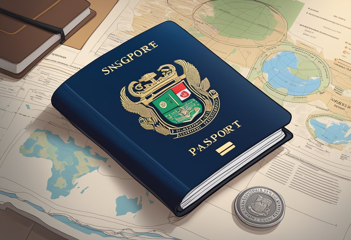 A Singapore passport lies open on a table, showing the biographical information page with the country's emblem and security features