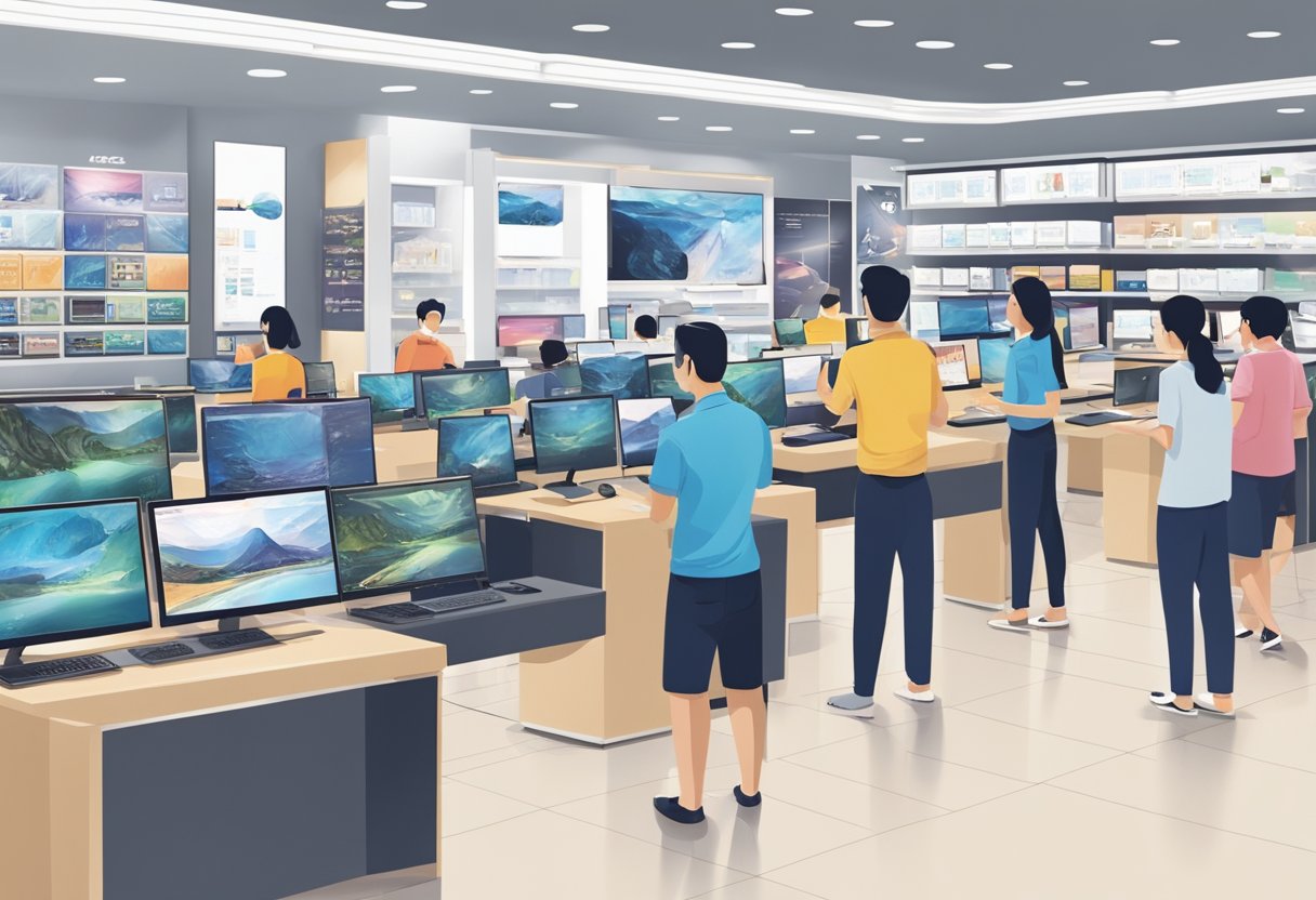 The ASUS Singapore store is bustling with customers seeking services and support. Displays of the latest products line the walls, while staff assist customers with their tech needs