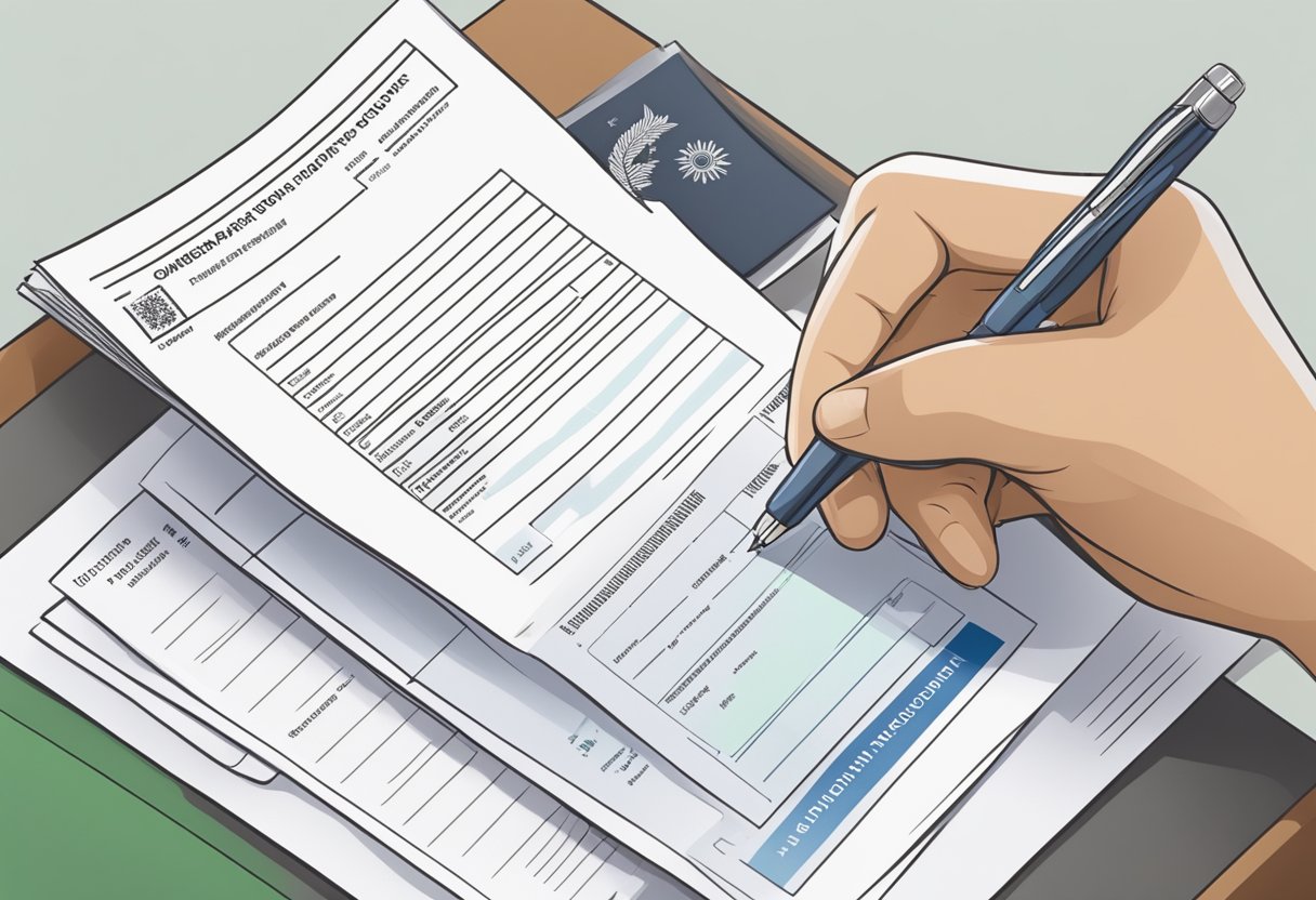 A person fills out a Singapore passport application form at a desk with a pen and official documents
