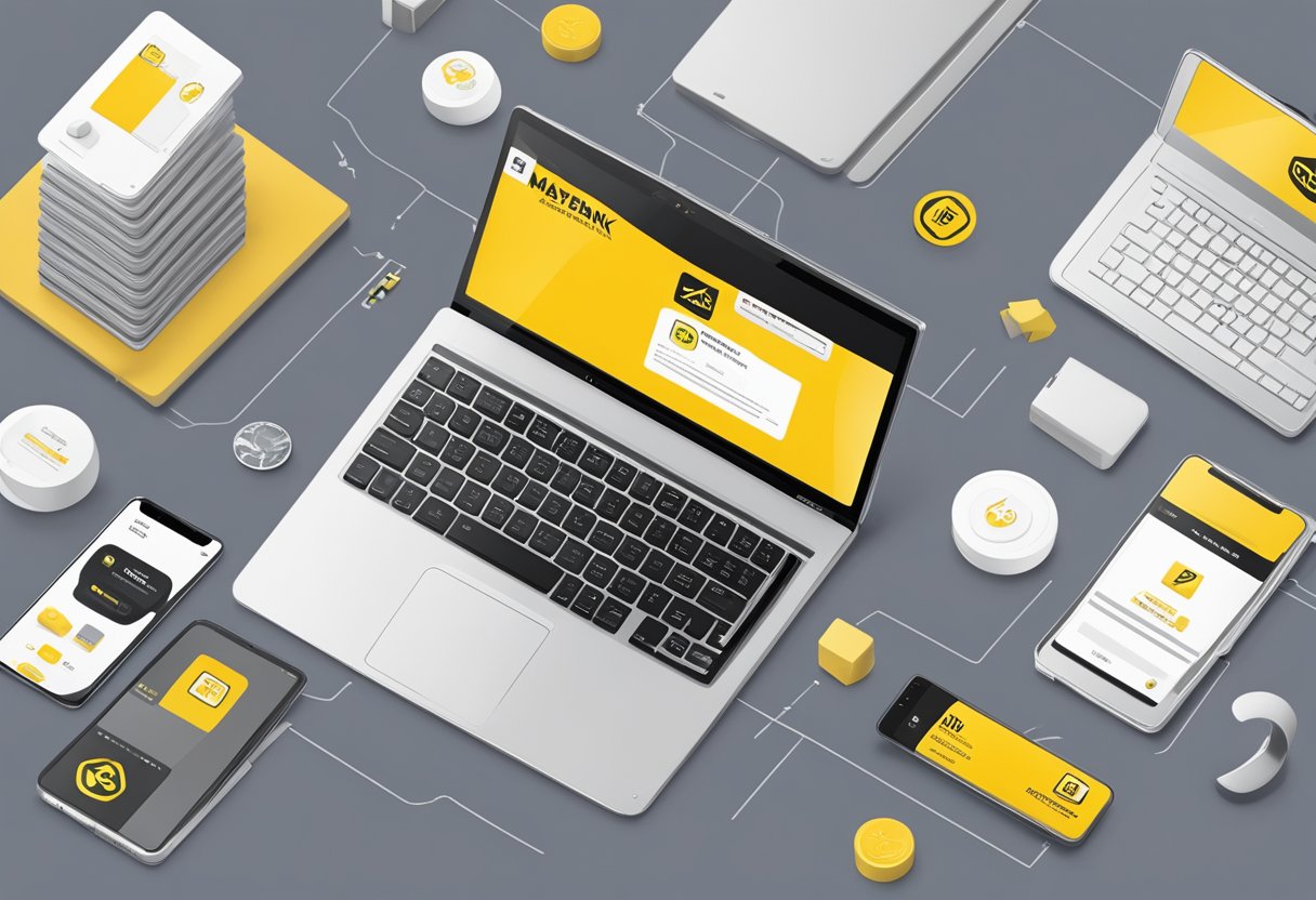 A laptop with the Maybank2u Singapore website open, showing the logo and various banking features, with a smartphone nearby for reference