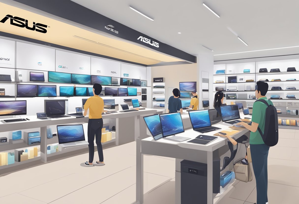 Customers browsing through displays of laptops and accessories at the ASUS Singapore store, with a prominent "Frequently Asked Questions" sign displayed