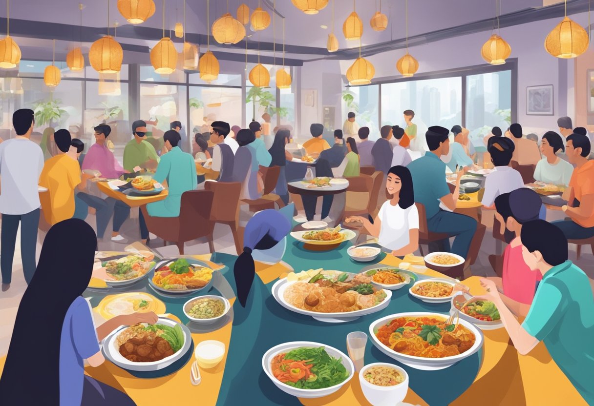 People sampling diverse halal dishes in a bustling Singapore restaurant. Rich aromas waft through the air as colorful plates are served
