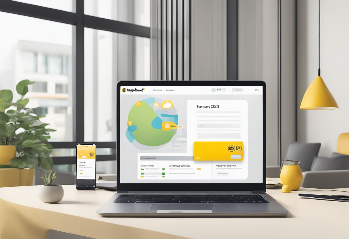 A laptop displaying the Maybank2u Singapore homepage, with a smartphone and credit card nearby. The background shows a modern, minimalist workspace with natural light