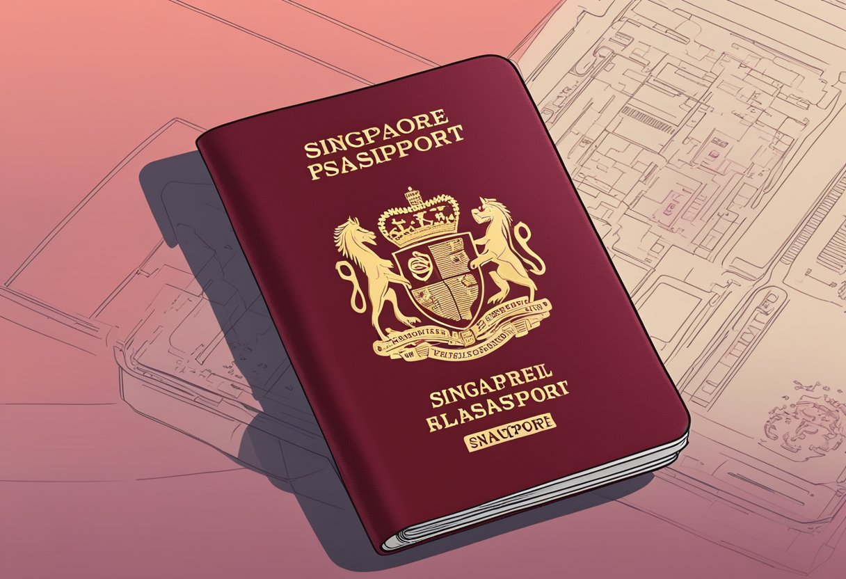 A Singapore passport with a red cover, featuring the national emblem and biometric chip. It must adhere to strict regulations for size and photo quality