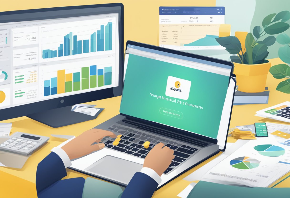 A person sitting at a desk, using a laptop to manage transactions and investments on the Maybank2u Singapore website. A stack of financial documents and a calculator are on the desk