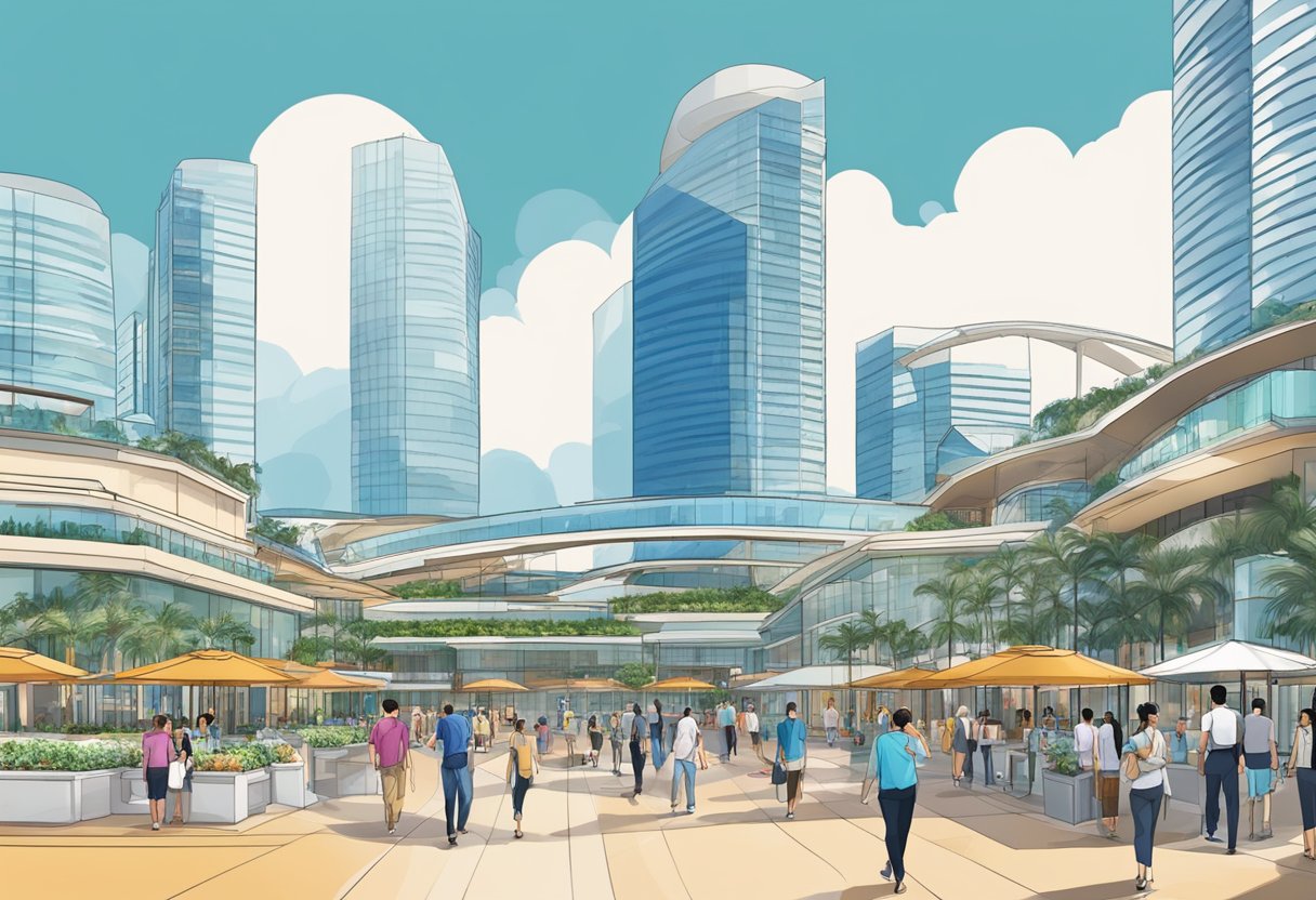 Bayfront Avenue: The Shoppes at Marina Bay Sands, Singapore. A bustling waterfront promenade with luxury shops and stunning architecture